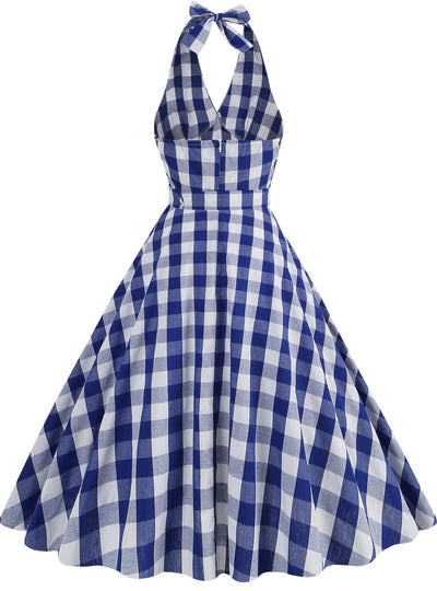 Sexy Deep V-neck Check Retro Dress