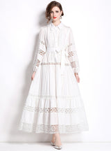 Fashion Lapel Stitching Lace Lantern Sleeve Dress