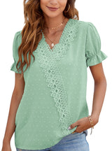 Chiffon Wool Ball Lace V-neck Short Sleeve Shirt