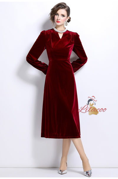 Retro Long Sleeve V-neck Velvet Dress