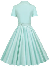 Retro Solid Color Belt Button Dress