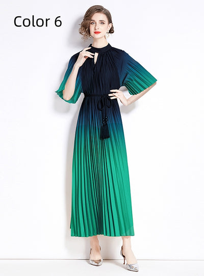 Fashion Gradient Print Pleated Long Dress