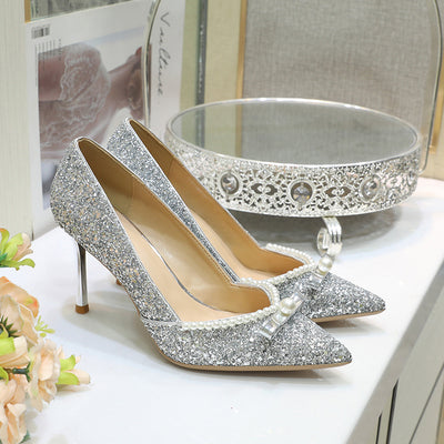 High-heeled Pointed Sequined Pearl Butterfly Wedding Shoes