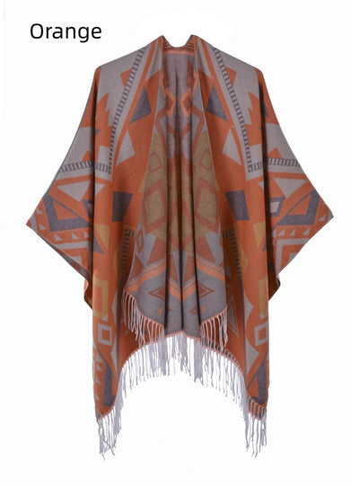 Fringed Split Double-sided Cashmere Shawl Cloak