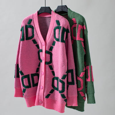 Long Button Knitted Letters Sweater Coat