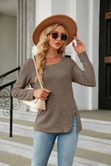 Square Neck Button Split Loose Long Sleeve T-shirt