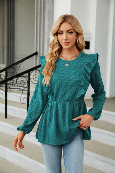 Pleated Spliced Round Neck Long Sleeve T-shirt