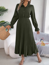 Casual Lapel Button Long Sleeve Pleated Dress