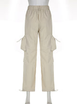 High Waist Pocket Drawstring Pleated Straight Pant