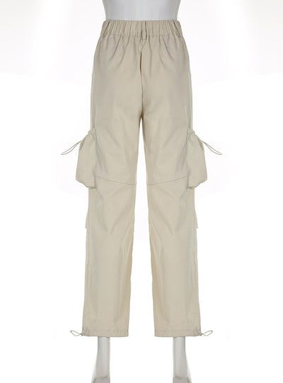 High Waist Pocket Drawstring Pleated Straight Pant