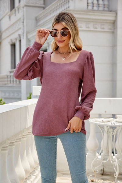 U-neck Pleated Bubble Sleeve Casual T-shirt