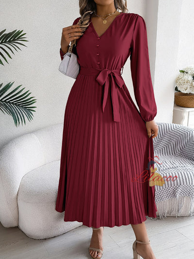 V-neck Button Big Swing Pleated Long Dress