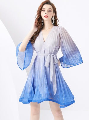 Holiday V-neck Trumpet Sleeve Pleated Gradient Dress