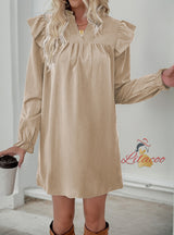 Solid Color Ruffled Long-sleeved Loose Dress