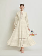 Retro Lace Stitching V-neck Lantern Sleeve Dress