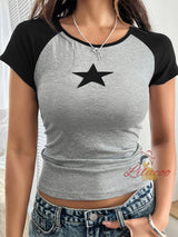 Printed Star Round Neck Short-sleeved T-shirt