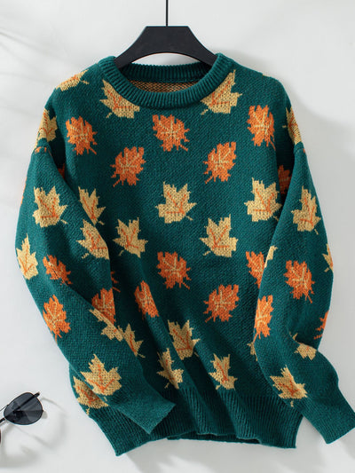 Maple Leaf Pattern Jacquard Leisure Pullover Sweater