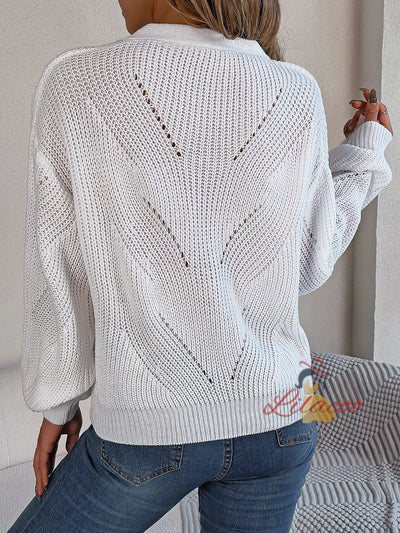 Hollow V-neck Button Lantern Sleeve Sweater