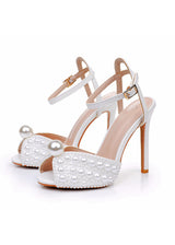 11cm High-heeled Fishmouth Pearl Wedding Shoes