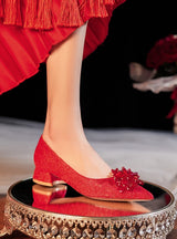 Short-heeled Pointed Red Wedding Shoes