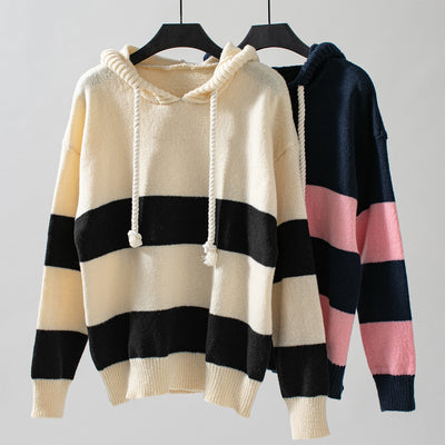 Loose Casual Hooded Contrast Pullover Sweater