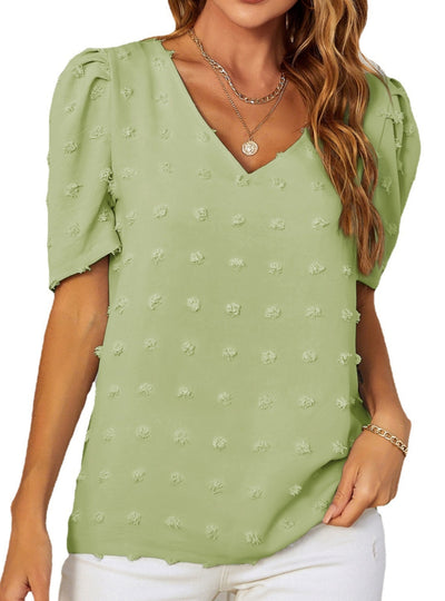 V-neck Chiffon Bubble Sleeve Short Sleeve Shirt