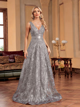 Navy Blue Sequins V-neck Prom Dress