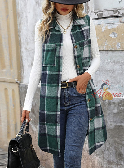 Sleeveless Lapel Jacket Long Plaid Vest