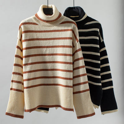 Lapel Striped High Neck Sweater