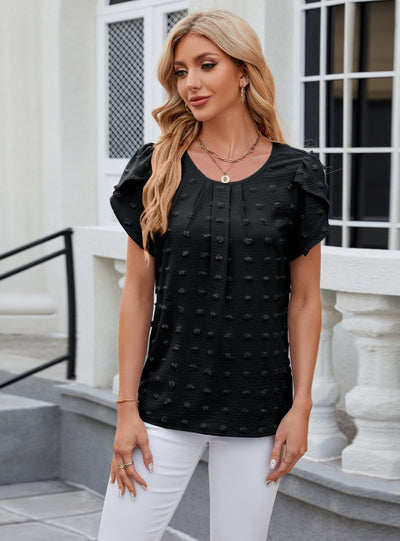 Jacquard Round Neck Short Sleeve Chiffon Shirt