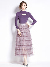 Long Sleeve Round Neck Knit Top+Skirt Two Pieces Suit