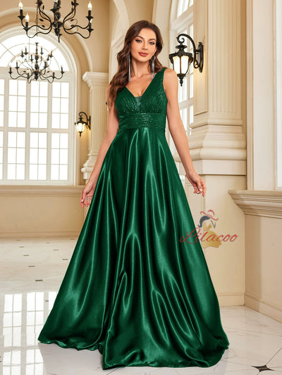 Deep V-neck Satin Sequins Prom Dress