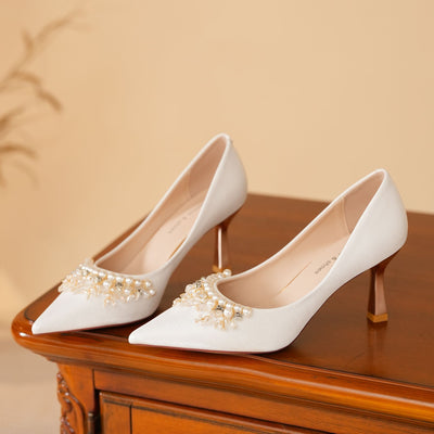 Pearl Rhinestone White High Heels Wedding Shoes