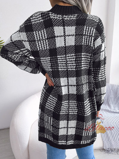 Plaid Lantern Sleeve Cardigan Sweater Coat