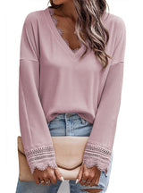 Solid Color Lace V-neck Long Sleeve Shirt