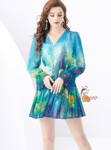 V-neck Lantern Sleeve Mini Print Dress