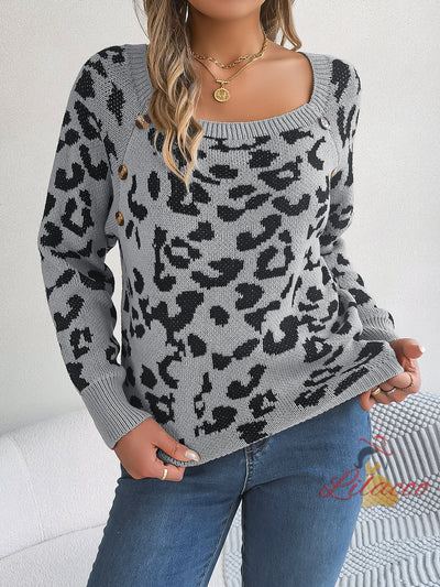 Square Collar Button Leopard Long Sleeve Sweater