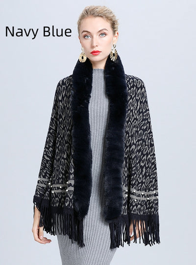 Imitation Fox Fur Collar Leopard Beaded Tassel Knitted Shawl