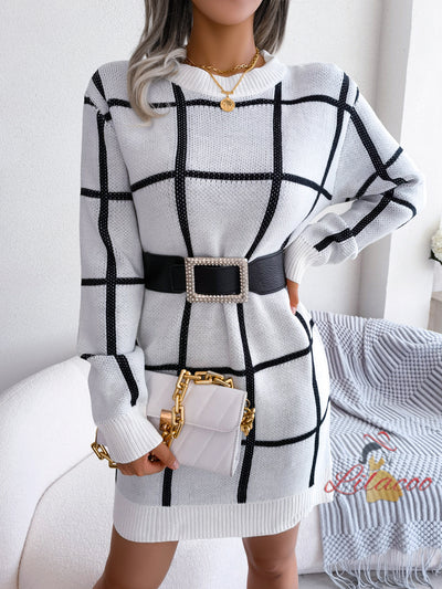 Casual Contrast Plaid Long Sleeve Sweater Dress