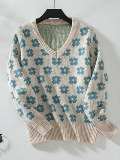 Flower Jacquard V-neck Sweater