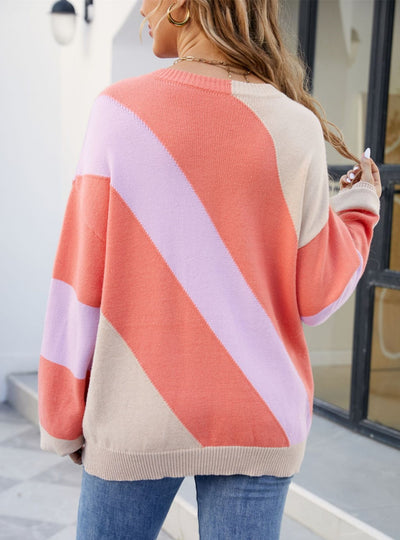 Spliced Round Neck Loose Sweater