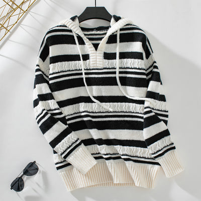 Striped Pullover Hooded Drawstring Knit Top Sweater