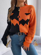 Halloween Pumpkin Contrast Long Sleeve Sweater