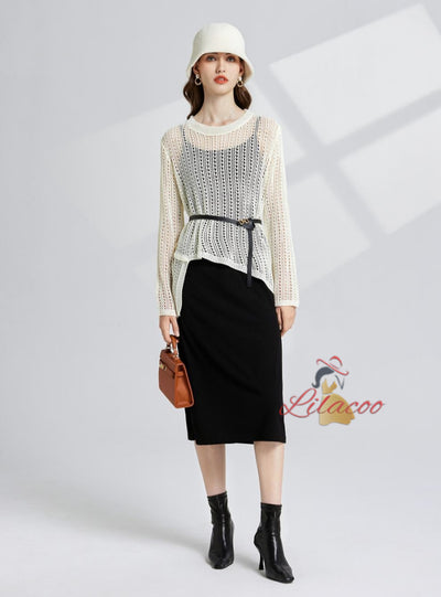 Hollow Long Sleeve Knitwear+Sling Dress