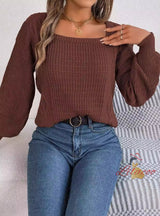 Casual Solid Color Square Neck Twist Sweater