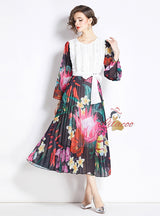 Positioning Printed Stitching Pleated Big Swing Dress