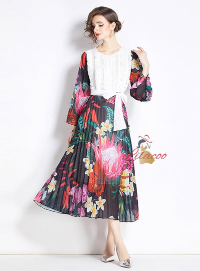 Positioning Printed Stitching Pleated Big Swing Dress