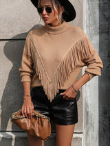 Loose Fringed Turtle Neck Sweater