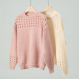 Hollow Pullover Solid Color Round Neck Sweater