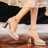 Waterproof Platform Sequins Thick Heel Wedding Shoes